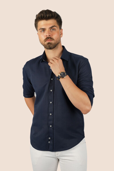 Navy Blue Baklava Pattern Slim Fit Gift Boxed Men's Shirt - 5