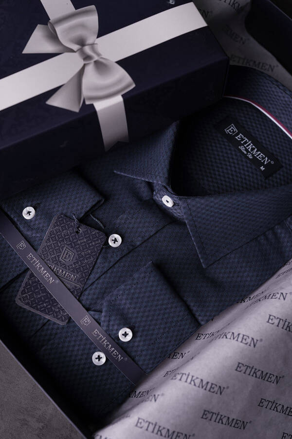 Navy Blue Baklava Pattern Slim Fit Gift Boxed Men's Shirt - 6