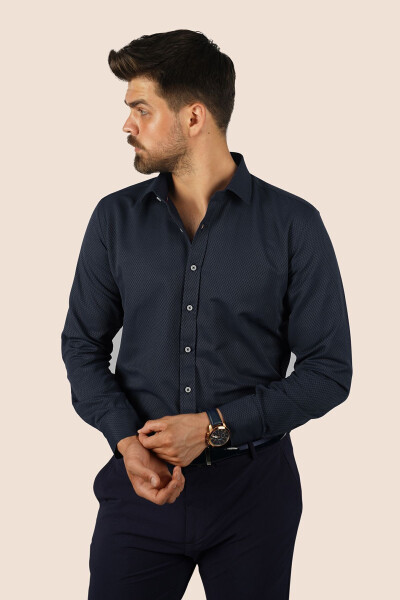 Navy Blue Baklava Pattern Slim Fit Gift Boxed Men's Shirt - 7