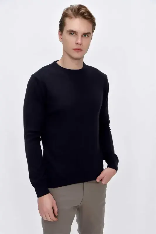 Navy Blue Basic Dynamic Fit Comfort Fit Crew Neck Knitted Sweater - 1