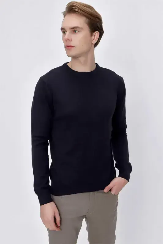 Navy Blue Basic Dynamic Fit Comfort Fit Crew Neck Knitted Sweater - 3