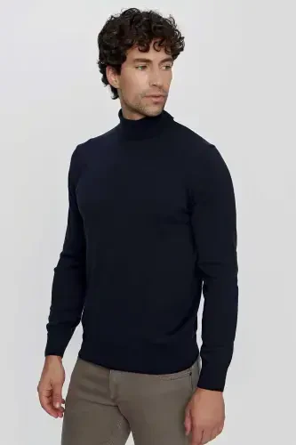 Navy Blue Basic Dynamic Fit Comfort Fit Turtleneck Knit Sweater - 1