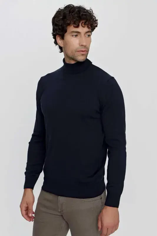 Navy Blue Basic Dynamic Fit Comfort Fit Turtleneck Knit Sweater - MORVEN