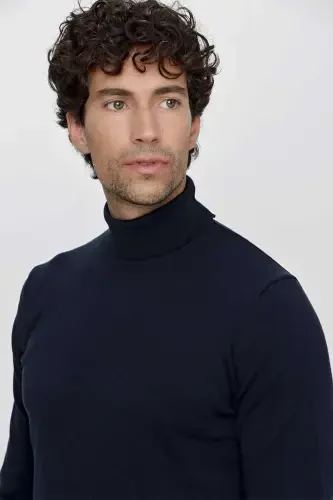 Navy Blue Basic Dynamic Fit Comfort Fit Turtleneck Knit Sweater - 4