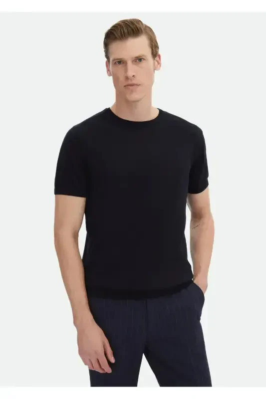 Navy Blue Bicycle Collar Flat Knit %100 Cotton Knitwear - 1