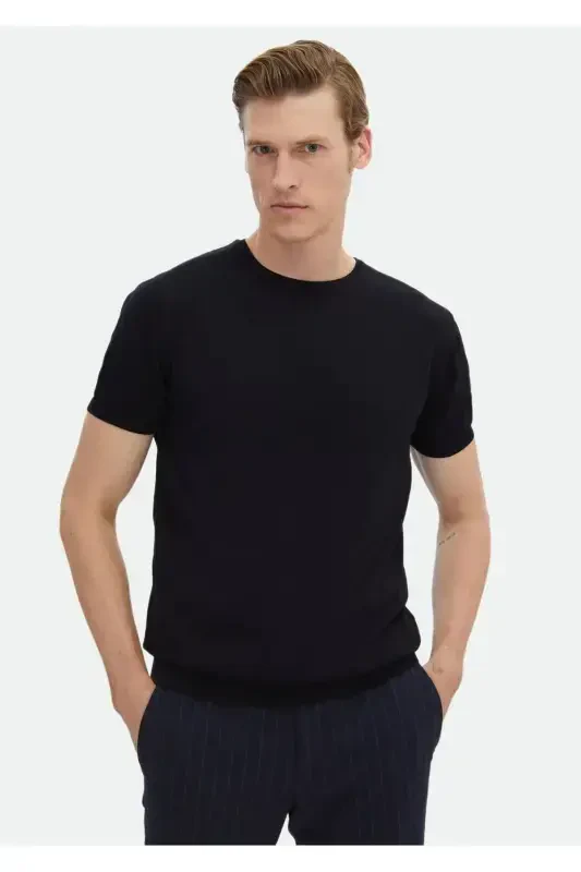 Navy Blue Bicycle Collar Flat Knit %100 Cotton Knitwear - 3