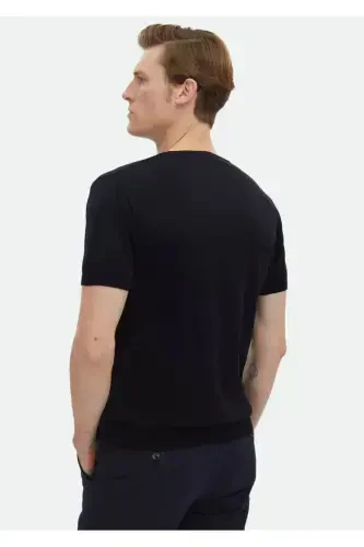 Navy Blue Bicycle Collar Flat Knit %100 Cotton Knitwear - 6