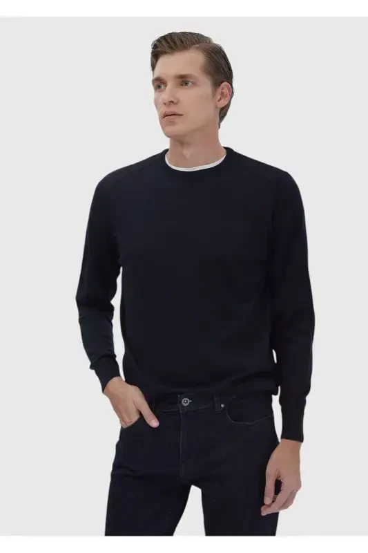 Navy Blue Bicycle Collar Plain Knit Wool Blend Tricot - 1