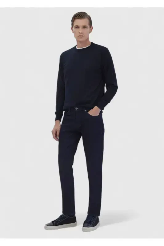 Navy Blue Bicycle Collar Plain Knit Wool Blend Tricot - 2