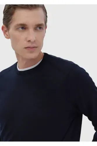 Navy Blue Bicycle Collar Plain Knit Wool Blend Tricot - 3