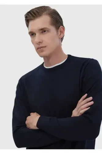 Navy Blue Bicycle Collar Plain Knit Wool Blend Tricot - 4