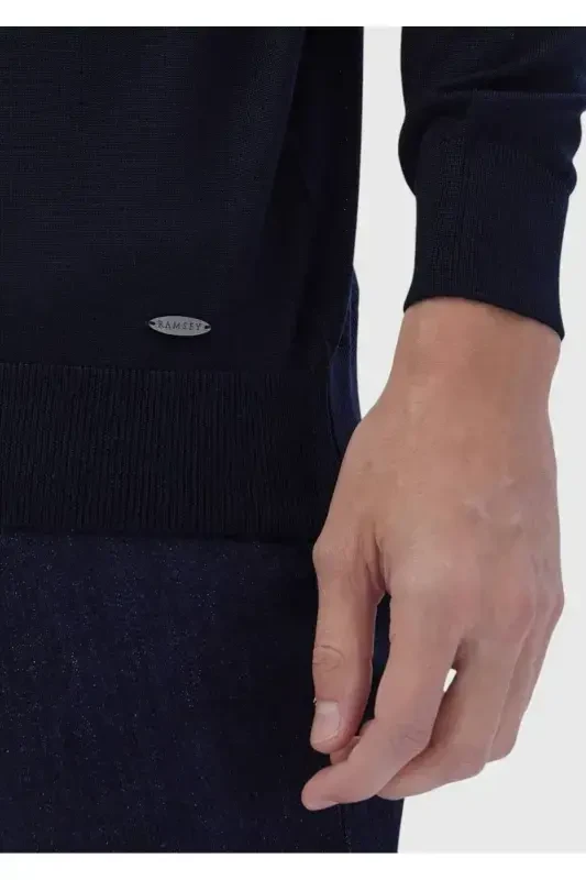 Navy Blue Bicycle Collar Plain Knit Wool Blend Tricot - 5