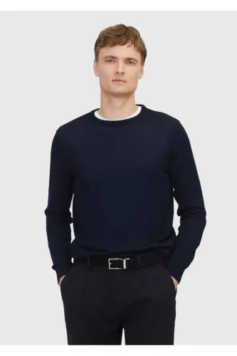 Navy Blue Bicycle Collar Plain Knit Wool Blend Tricot 