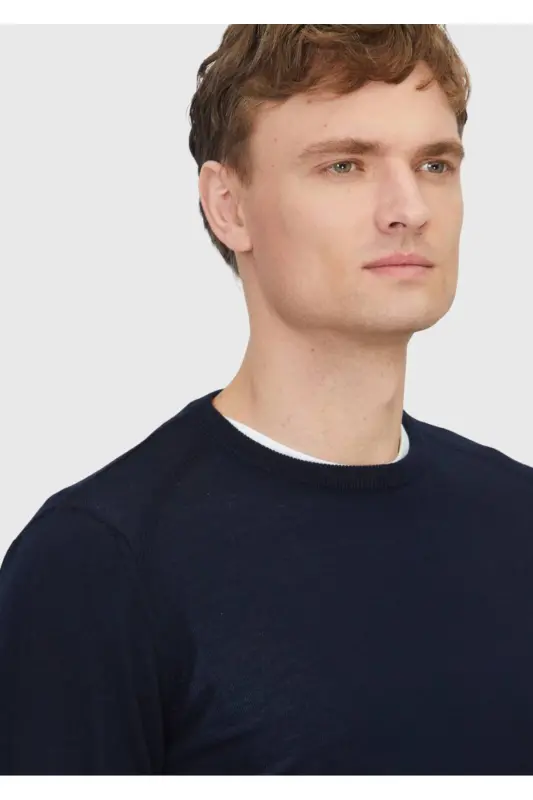 Navy Blue Bicycle Collar Plain Knit Wool Blend Tricot - 3