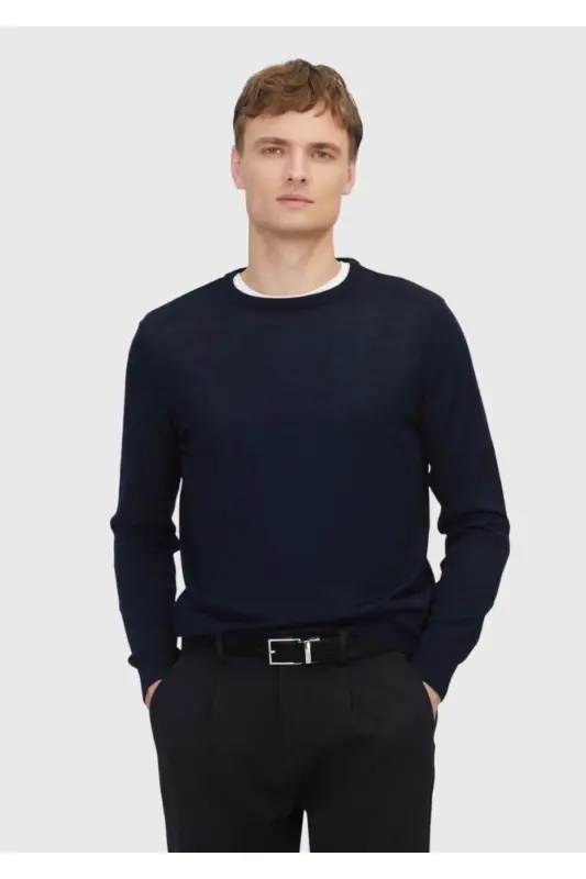 Navy Blue Bicycle Collar Plain Knit Wool Blend Tricot - 1