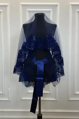 Navy Blue Bridal Veil Set Classic Pattern Flock Print Glitter Henna Veil - Navy Blue - ZEYMERADE (1)