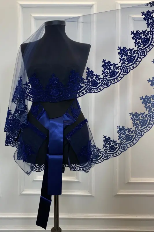 Navy Blue Bridal Veil Set Classic Pattern Flock Print Glitter Henna Veil - Navy Blue - 1