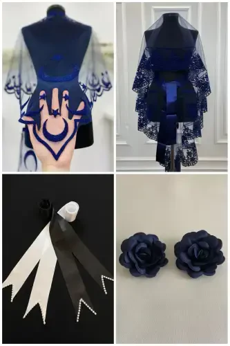Navy Blue Bridal Veil Set, Groom Shoulder Cover, Jewelry Ribbon, Hand Rose, Henna Veil Shawl, 10 Pieces-Navy Blue - 1