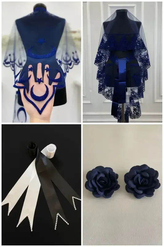 Navy Blue Bridal Veil Set, Groom Shoulder Cover, Jewelry Ribbon, Hand Rose, Henna Veil Shawl, 10 Pieces-Navy Blue - ZEYMERADE