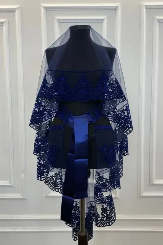 Navy Blue Bridal Veil Set, Groom Shoulder Cover, Jewelry Ribbon, Hand Rose, Henna Veil Shawl, 10 Pieces-Navy Blue - 2