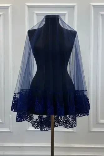 Navy Blue Bridal Veil Set, Groom Shoulder Cover, Jewelry Ribbon, Hand Rose, Henna Veil Shawl, 10 Pieces-Navy Blue - 6