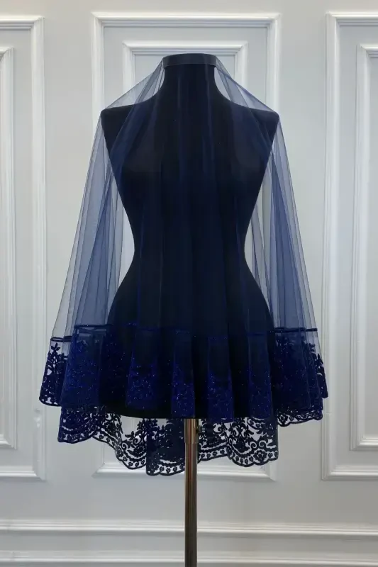 Navy Blue Bridal Veil Set, Groom Shoulder Cover, Jewelry Ribbon, Hand Rose, Henna Veil Shawl, 10 Pieces-Navy Blue - 6