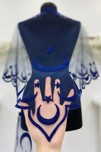 Navy Blue Bridal Veil Set, Groom Shoulder Cover, Jewelry Ribbon, Hand Rose, Henna Veil Shawl, 10 Pieces-Navy Blue - 3