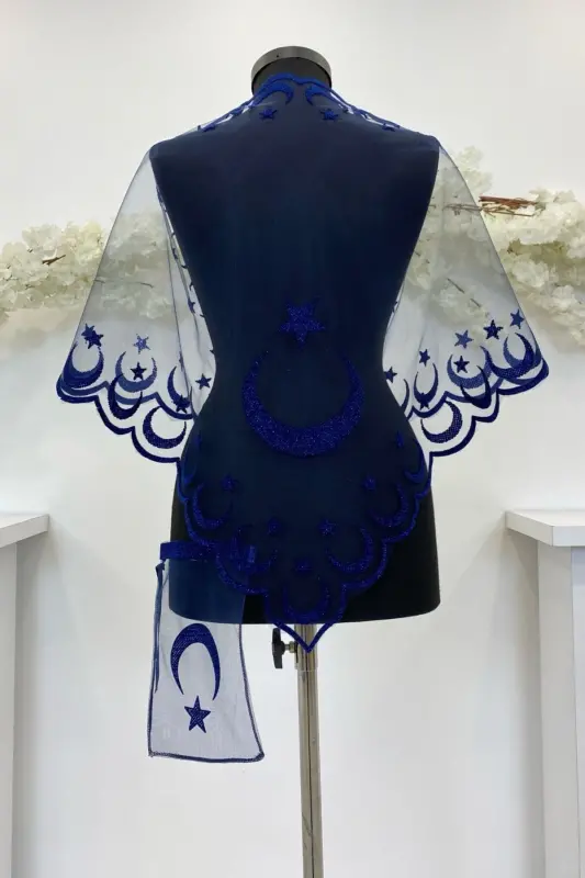 Navy Blue Bridal Veil Set, Groom Shoulder Cover, Jewelry Ribbon, Hand Rose, Henna Veil Shawl, 10 Pieces-Navy Blue - 7