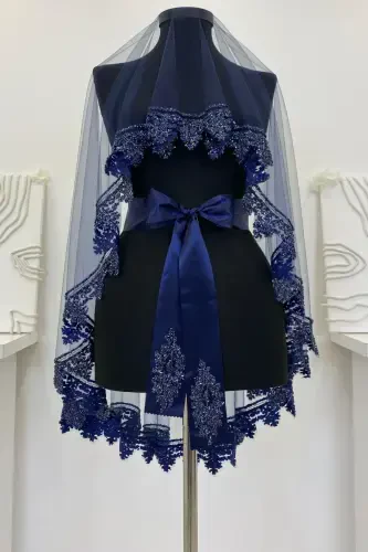 Navy Blue Bridal Veil Set, Henna Veil Set with Glass Bead and Sequin Print 6 Pieces-Navy Blue - 1