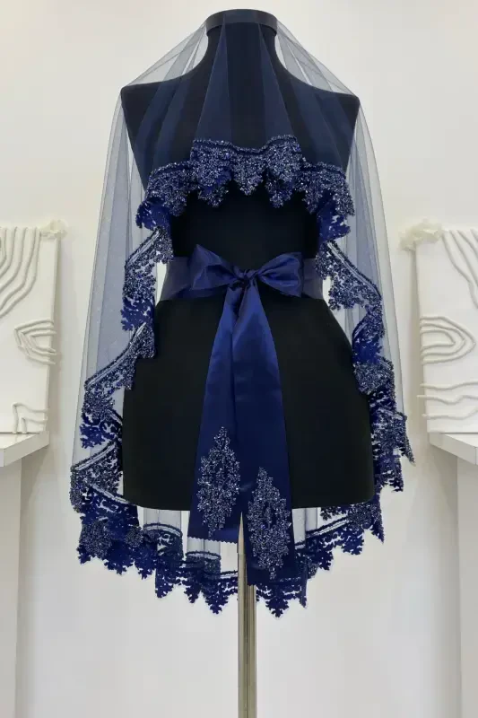 Navy Blue Bridal Veil Set, Henna Veil Set with Glass Bead and Sequin Print 6 Pieces-Navy Blue - ZEYMERADE