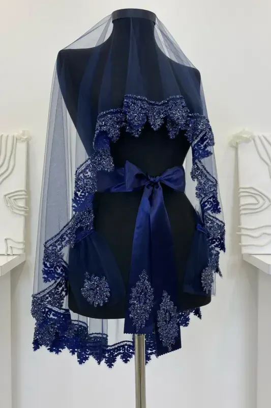 Navy Blue Bridal Veil Set, Henna Veil Set with Glass Bead and Sequin Print 6 Pieces-Navy Blue - 2