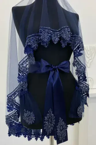 Navy Blue Bridal Veil Set, Henna Veil Set with Glass Bead and Sequin Print 6 Pieces-Navy Blue - 3