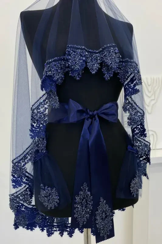 Navy Blue Bridal Veil Set, Henna Veil Set with Glass Bead and Sequin Print 6 Pieces-Navy Blue - 3