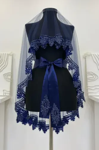 Navy Blue Bridal Veil Set, Henna Veil Set with Glass Bead and Sequin Print 6 Pieces-Navy Blue - 4