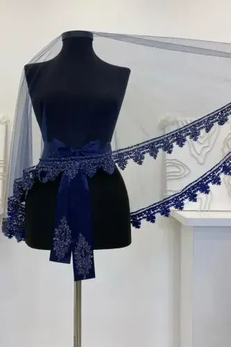 Navy Blue Bridal Veil Set, Henna Veil Set with Glass Bead and Sequin Print 6 Pieces-Navy Blue - 5