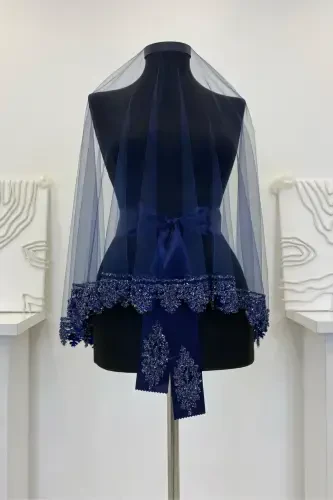 Navy Blue Bridal Veil Set, Henna Veil Set with Glass Bead and Sequin Print 6 Pieces-Navy Blue - 6