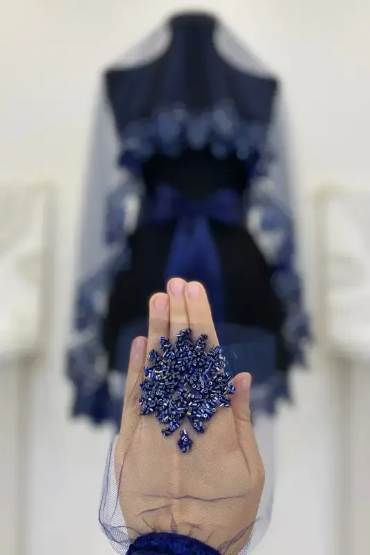 Navy Blue Bridal Veil Set, Henna Veil Set with Glass Bead and Sequin Print 6 Pieces-Navy Blue - 7