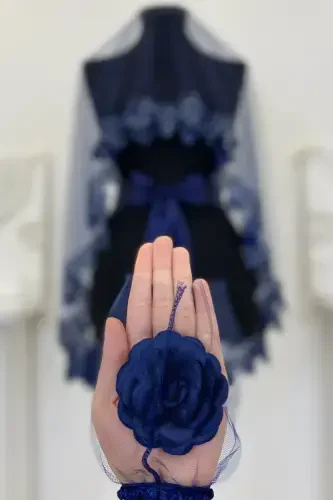 Navy Blue Bridal Veil Set, Henna Veil Set with Glass Bead and Sequin Print 6 Pieces-Navy Blue - 8