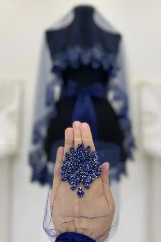 Navy Blue Bridal Veil Set, Henna Veil Set with Glass Bead and Sequin Print 6 Pieces-Navy Blue - 16