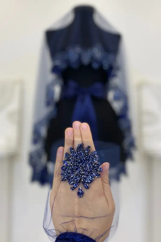 Navy Blue Bridal Veil Set, Henna Veil Set with Glass Bead and Sequin Print 6 Pieces-Navy Blue - 16