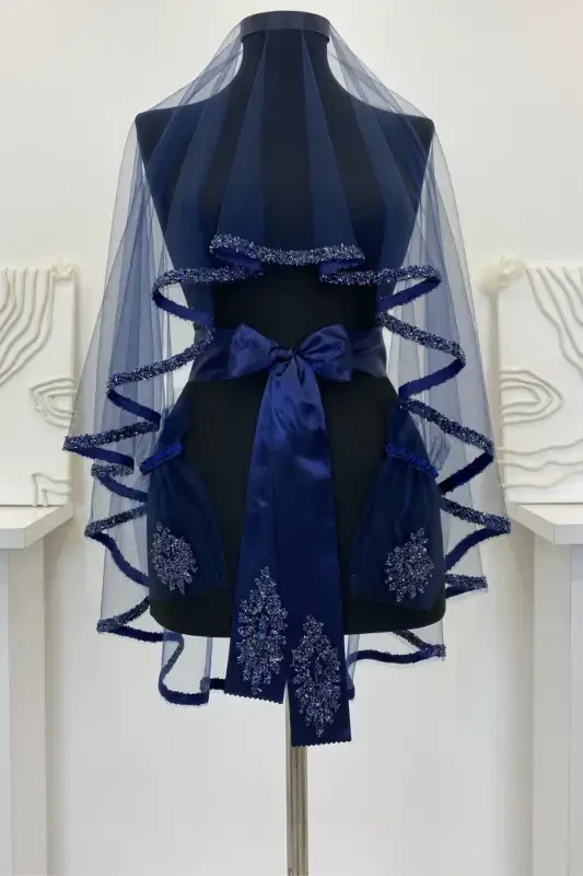 Navy Blue Bridal Veil Set, Henna Veil Set with Glass Bead and Sequin Print 6 Pieces-VeilNavy Blue - 2