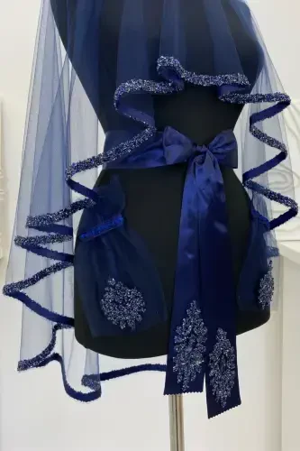 Navy Blue Bridal Veil Set, Henna Veil Set with Glass Bead and Sequin Print 6 Pieces-VeilNavy Blue - 3
