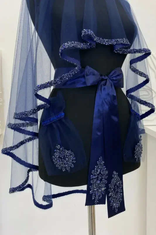 Navy Blue Bridal Veil Set, Henna Veil Set with Glass Bead and Sequin Print 6 Pieces-VeilNavy Blue - 3