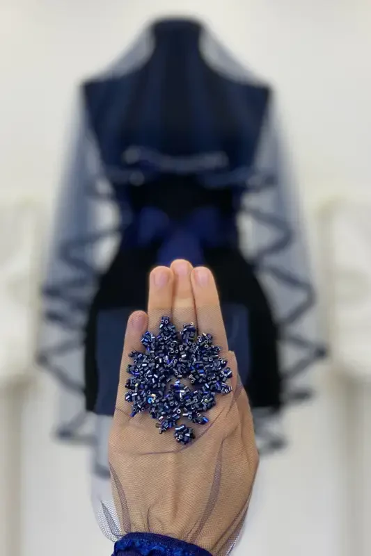 Navy Blue Bridal Veil Set, Henna Veil Set with Glass Bead and Sequin Print 6 Pieces-VeilNavy Blue - 4