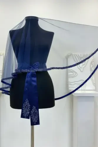 Navy Blue Bridal Veil Set, Henna Veil Set with Glass Bead and Sequin Print 6 Pieces-VeilNavy Blue - 5