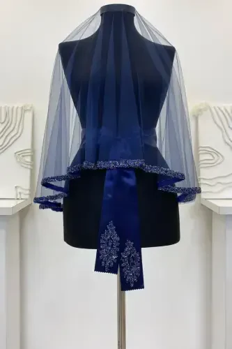 Navy Blue Bridal Veil Set, Henna Veil Set with Glass Bead and Sequin Print 6 Pieces-VeilNavy Blue - 6