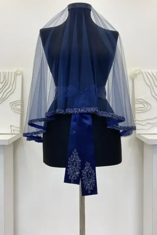 Navy Blue Bridal Veil Set, Henna Veil Set with Glass Bead and Sequin Print 6 Pieces-VeilNavy Blue - 6