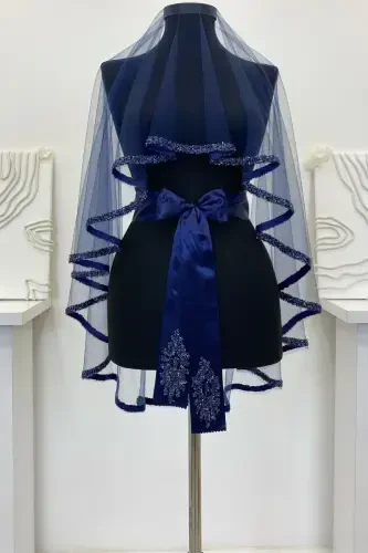 Navy Blue Bridal Veil Set, Henna Veil Set with Glass Bead and Sequin Print 6 Pieces-VeilNavy Blue - 7