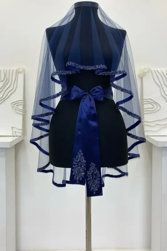 Navy Blue Bridal Veil Set, Henna Veil Set with Glass Bead and Sequin Print 6 Pieces-VeilNavy Blue - 7