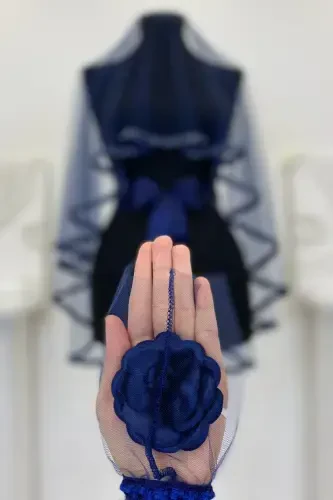 Navy Blue Bridal Veil Set, Henna Veil Set with Glass Bead and Sequin Print 6 Pieces-VeilNavy Blue - 8